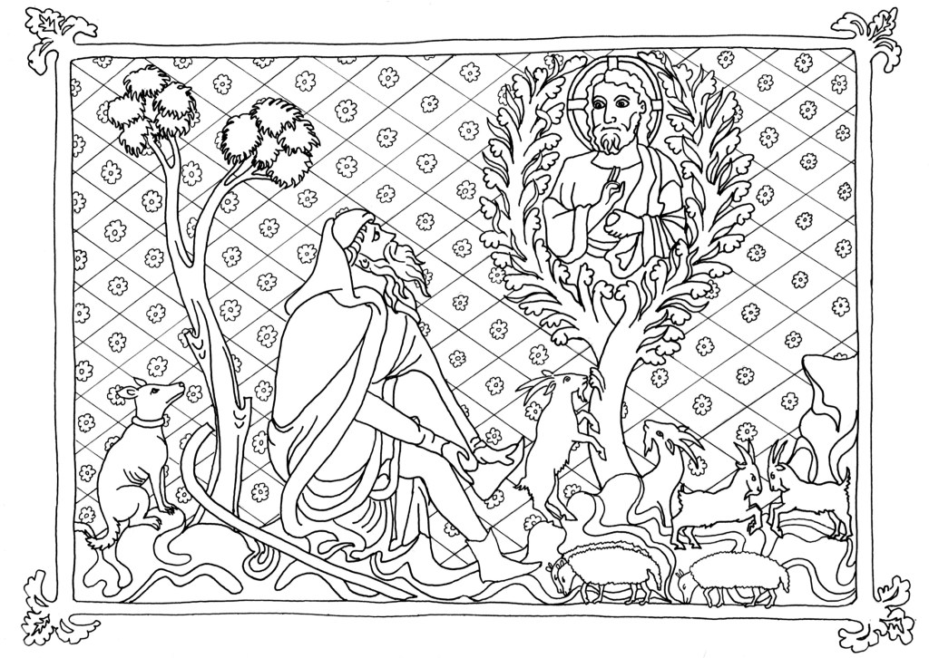 Copy of a medieval depiction of Moses before the Burning Bush. Original source lost. This is my own drawing. 